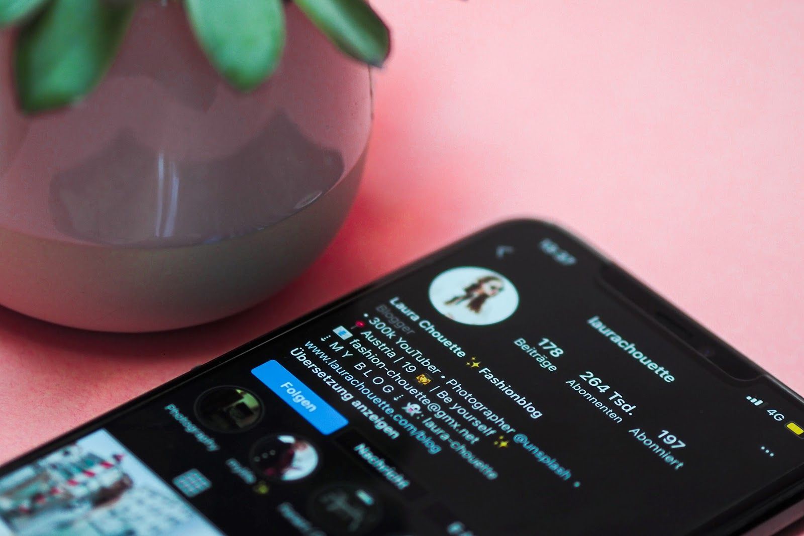 A smartphone displaying a social media influencer profile, illustrating personal branding as a part of marketing strategies on a pink background with a decorative plant.